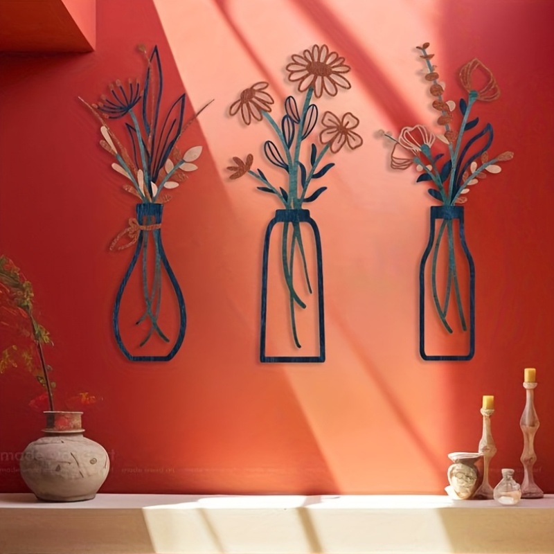 Interior Design Modern - ประติมากรรมติดผนังลายดอกไม้ขนาดใหญ่ 3 ชิ้น - ของตกแต่งบ้านสไตล์โมเดิร์นฟาร์มเฮาส์, ดีไซน์แจกันแขวนสุดหรู,