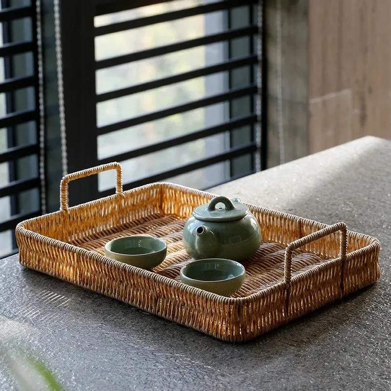 Rattan Tray Handle - ถาดพลาสติกพร้อมที่จับหวายเทียมทอตะกร้า Sundries แผ่นผลไม้ถาดชาอาหารค่ําเสิร์ฟถาด