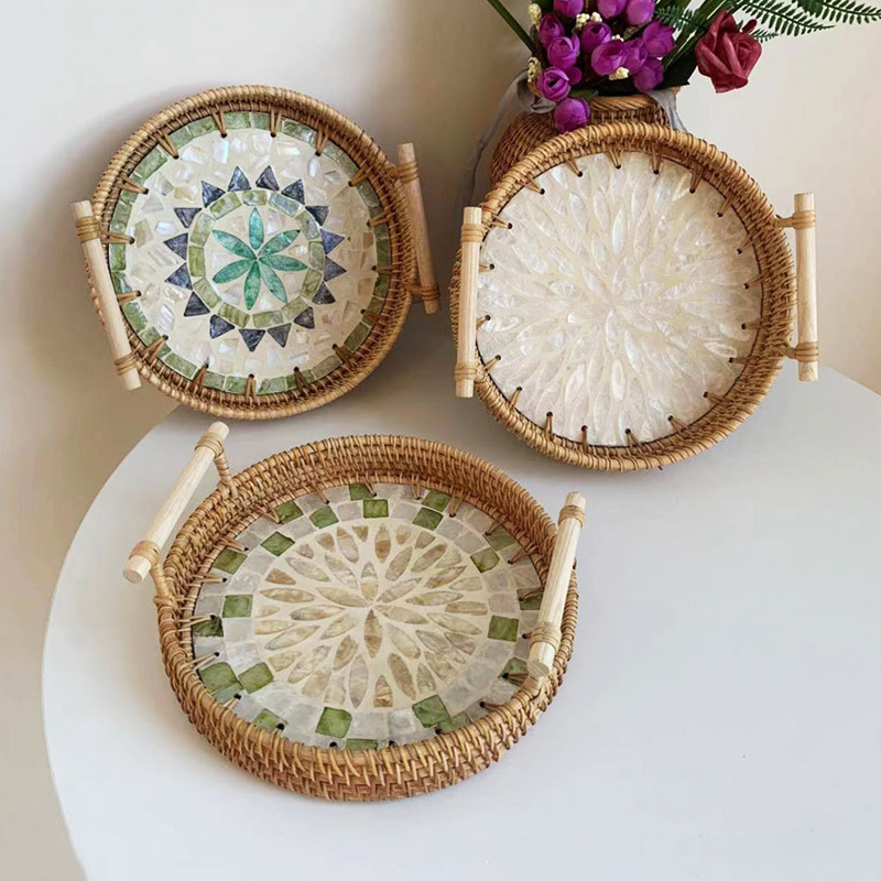 Rattan Tray Handle - ตะกร้าสานหวายทำด้วยมือสไตล์วินเทจสไตล์โบโฮตะกร้าสานหอยสีสันสดใสสไตล์โบโฮพร้อมถาดเสิร์ฟการตกแต่งบ้านด้ามไม้