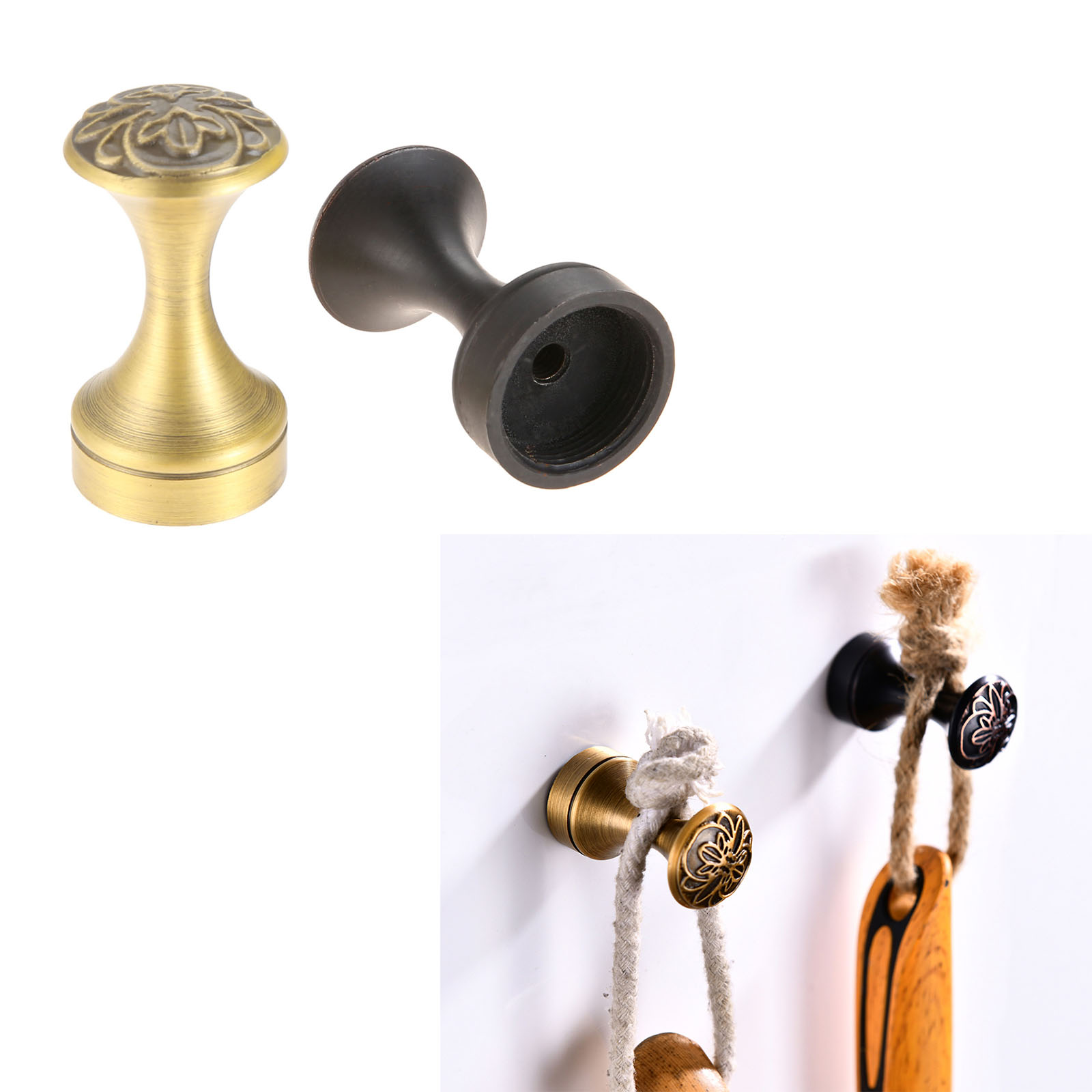 Antique Brass Hook - ตะขอแขวนผนังวินเทจ 1 ชิ้น ทำจากทองเหลืองแท้ พร้อมสกรู สีบรอนซ์โบราณ