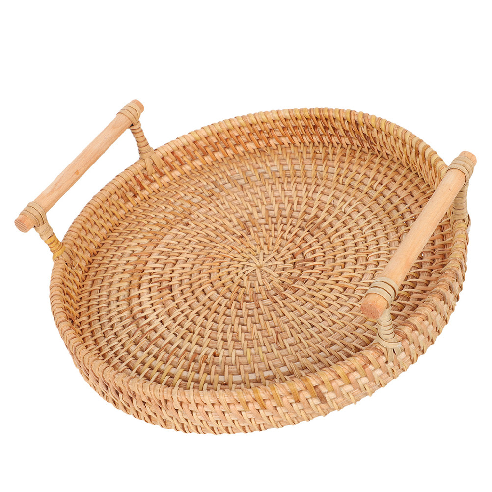 Rattan Tray Handle - ถาดหวายสานทรงกลมขนาด 32 ซม. ทำด้วยมือ พร้อมหูจับคู่ สำหรับเสิร์ฟขนมปัง