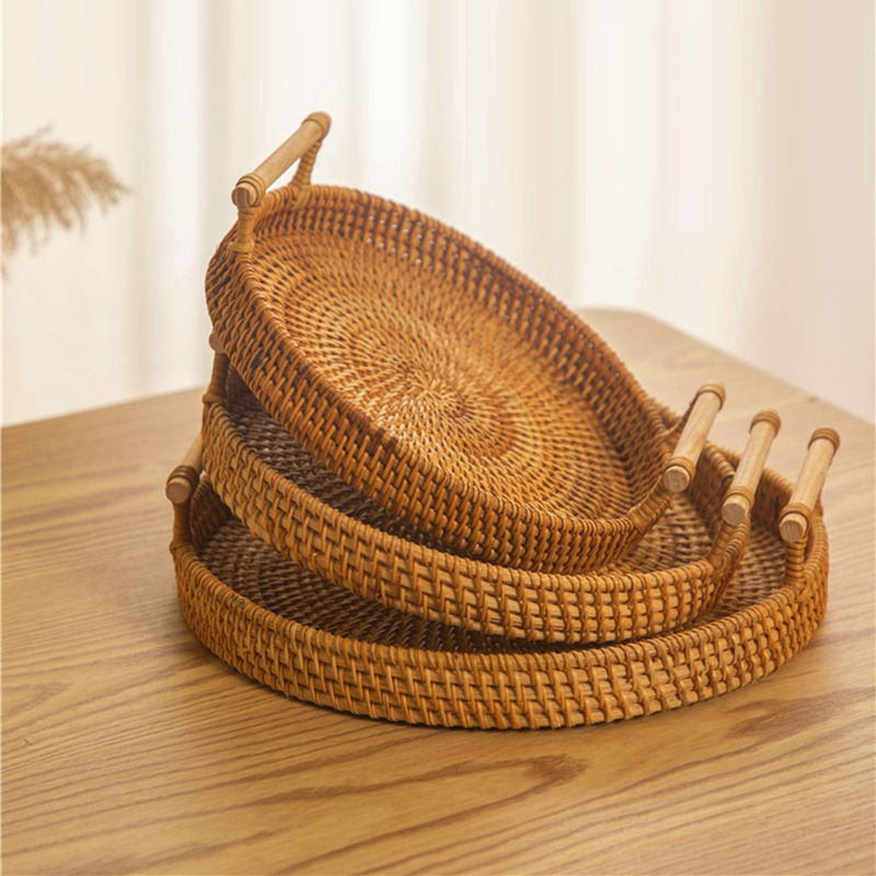 Rattan Tray Handle - หวายสายคล้องตะกร้าเก็บขนมปังขนมขบเคี้ยวผลไม้รอบถาดกลมปิกนิกทอตะกร้าเก็บ