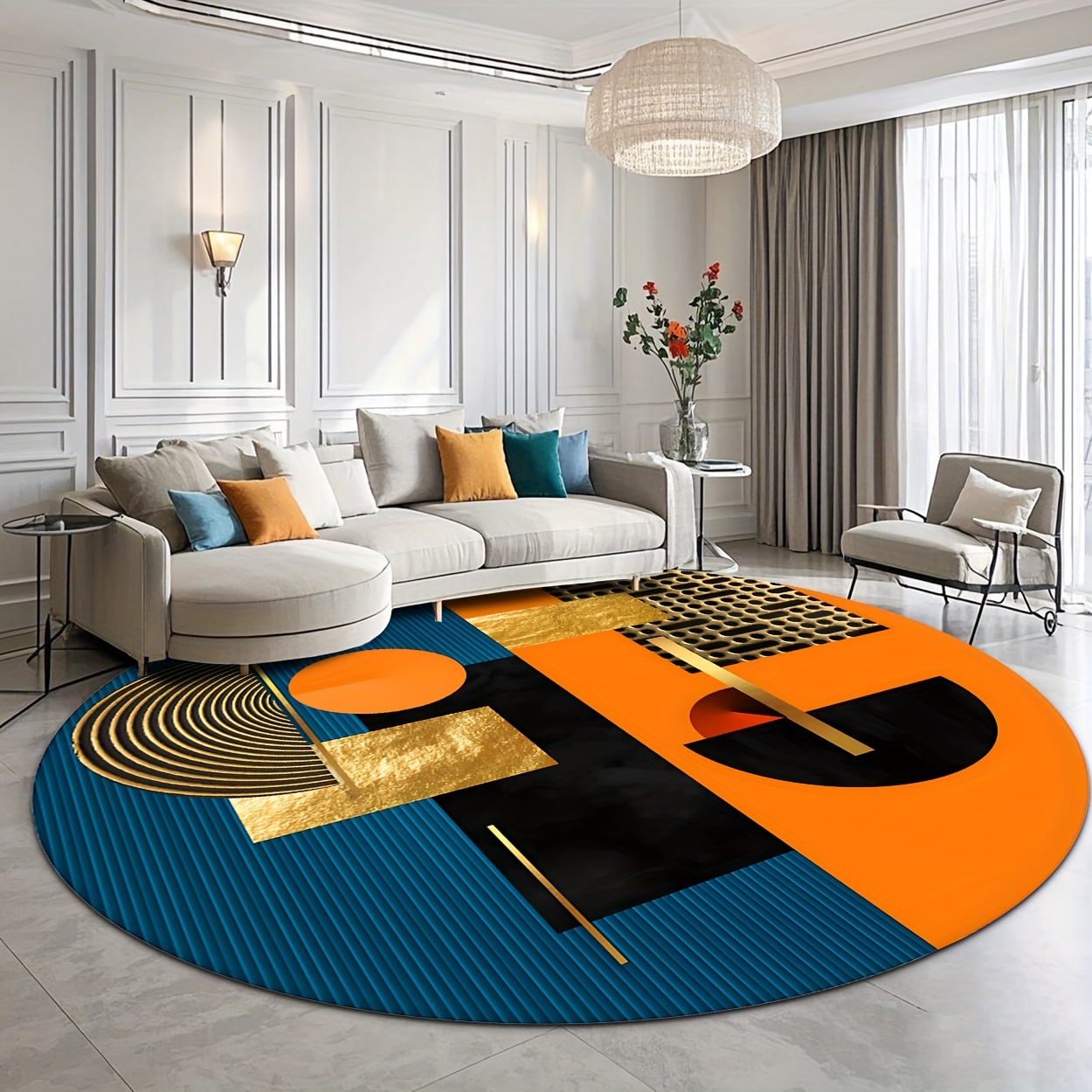พรมกลมลายเรขาคณิตสีส้ม น้ำเงิน - Interior Design Gold บทวิจารณ์และราคา