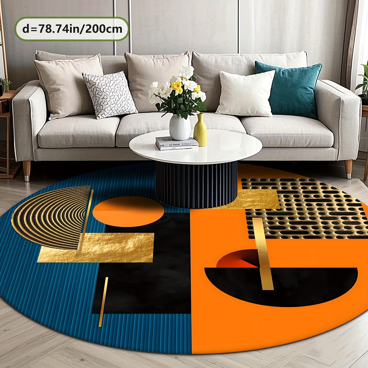 พรมกลมลายเรขาคณิตสีส้ม น้ำเงิน - Interior Design Gold บทวิจารณ์และราคา